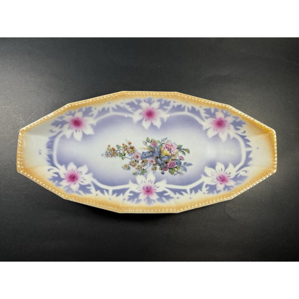 Antique German Porcelain Celery Dish 11.5"  Hand Painted Floral Luster Trim